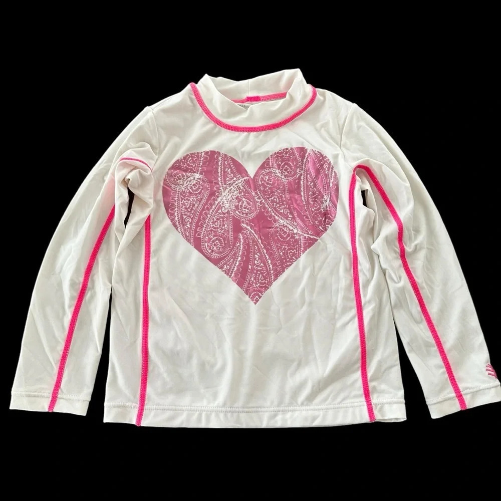 Coolibar‎ girls XS White Heart Long Sleeve Rash Guard Swim Shirt Sun Protection